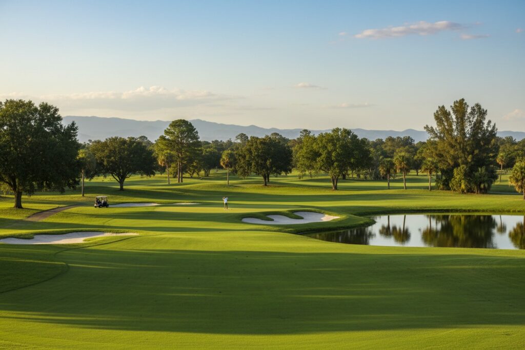 A golfer stands on a lush green fairway near a sand bunker and a pond, with trees and distant mountains under a clear sky.